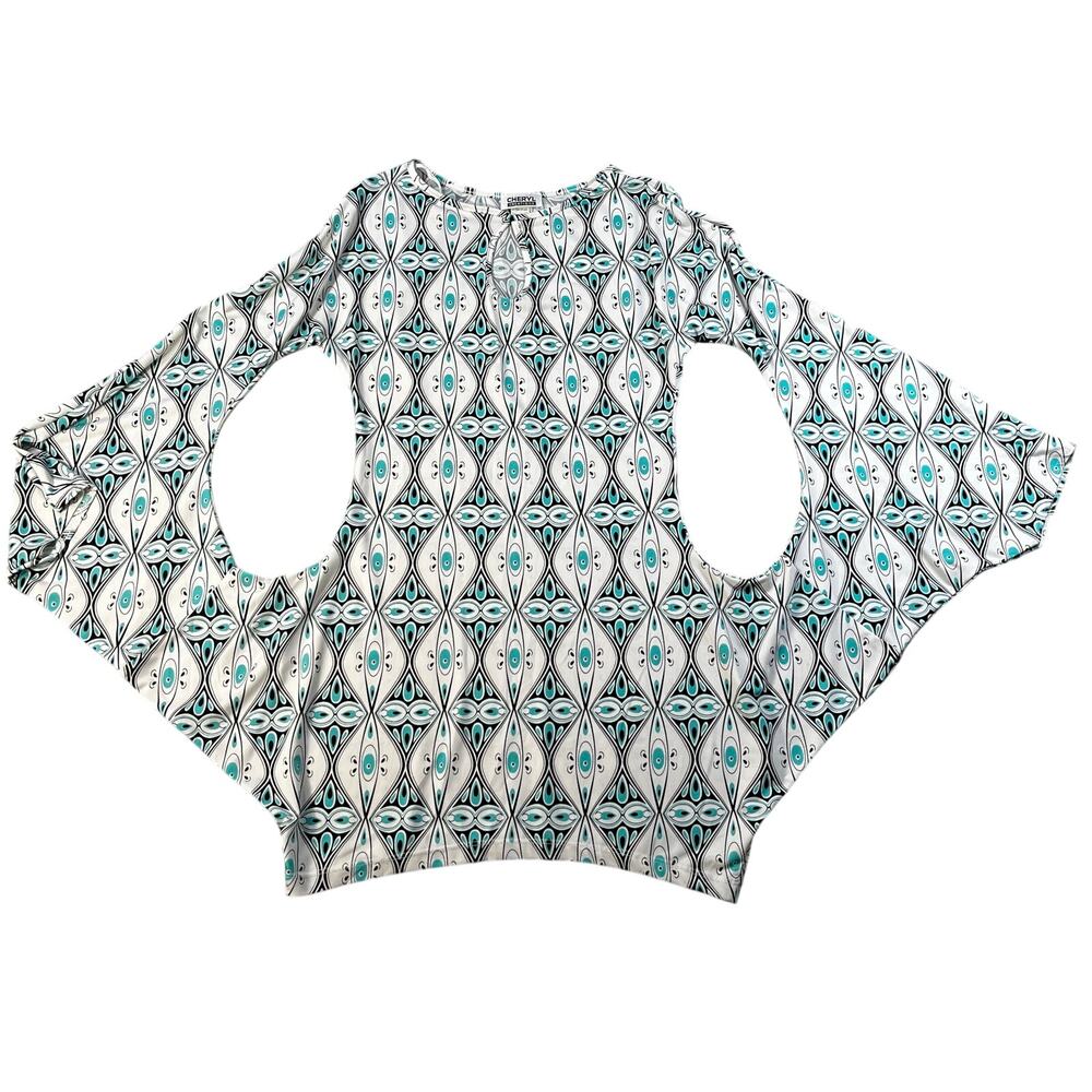 Cheryl Creations L Y2K funky top stretch knit geometric print butterfly sleeves
